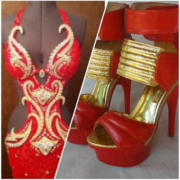Women's Red/Gold High Platform Heel Shoes - Picture 6 of 7